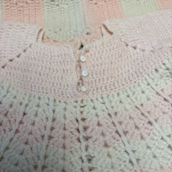 Vintage Handmade Crocheted Salmon Pink Cream Baby Blanket & Baby/Doll Dress - Picture 3 of 12